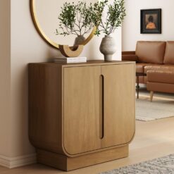 Nathan James Joey Mid Century Modern Storage Cabinet, Arched Accent Cabinet with Rounded Bottom Edges and Integrated Door Pull Cutouts, Light Brown