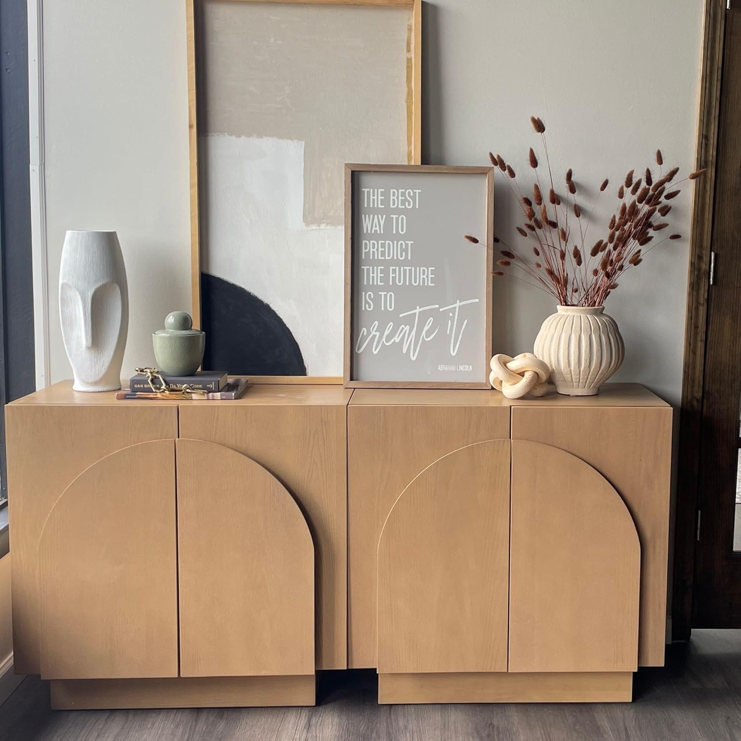 Nathan James Iris Mid-Century Modern Credenza, Brown Sideboard Buffet, Living Room Wood Storage Cabinet with Arched Cabinet Doors, Raw Oak