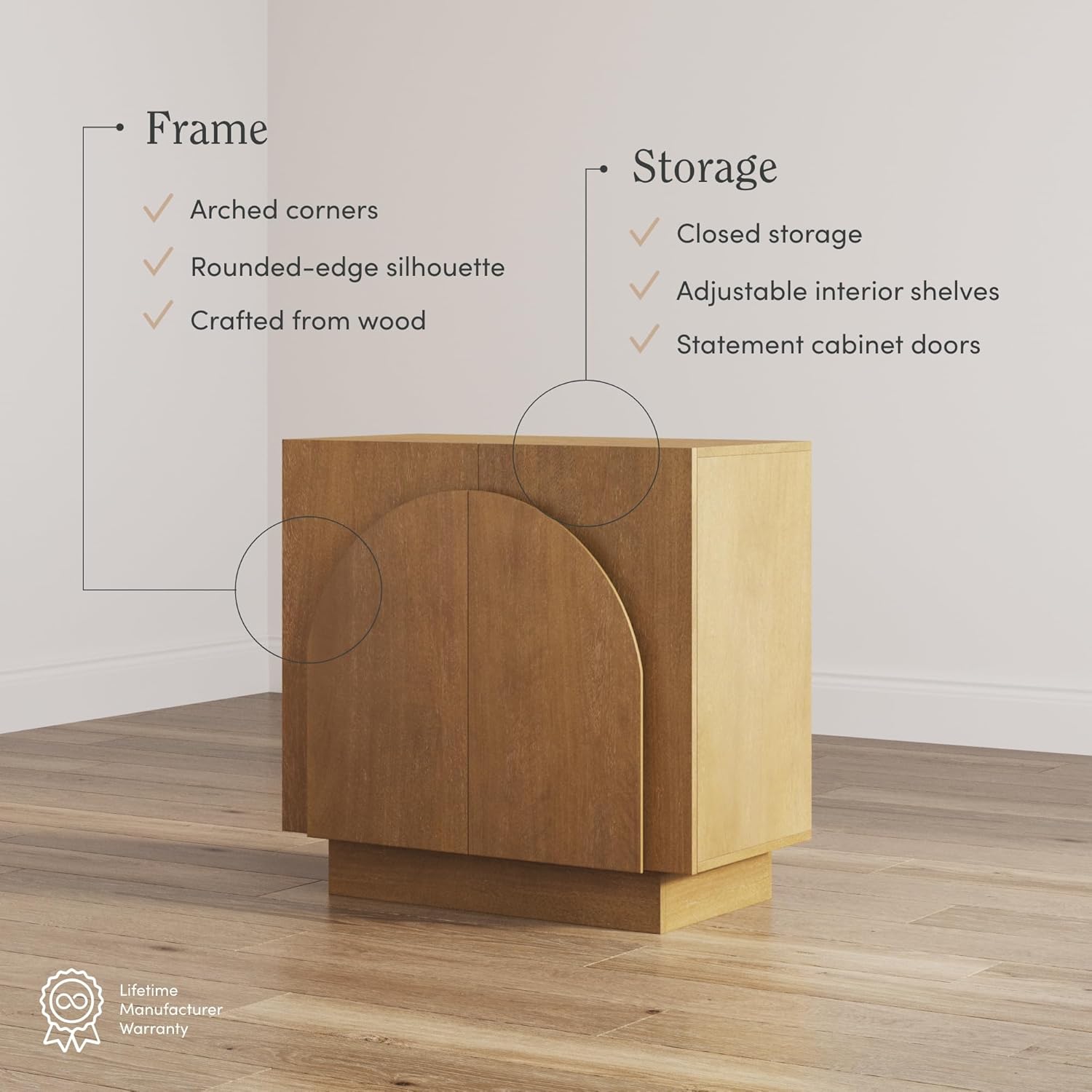 Nathan James Iris Mid-Century Modern Wood Sideboard Storage Accent Cabinet, with Arched Doors and Adjustable Shelves for Kitchen or Living Room