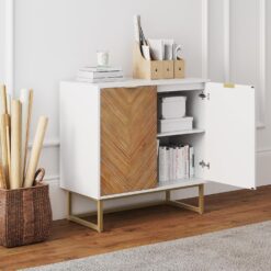 Nathan James Enloe Modern Storage Free Standing Accent Cabinet White with Doors in a Rustic Pine Wood Finish and Gold Powder-coated Metal Base for Hallway, Entryway or Living Room, Brown/White/Gold