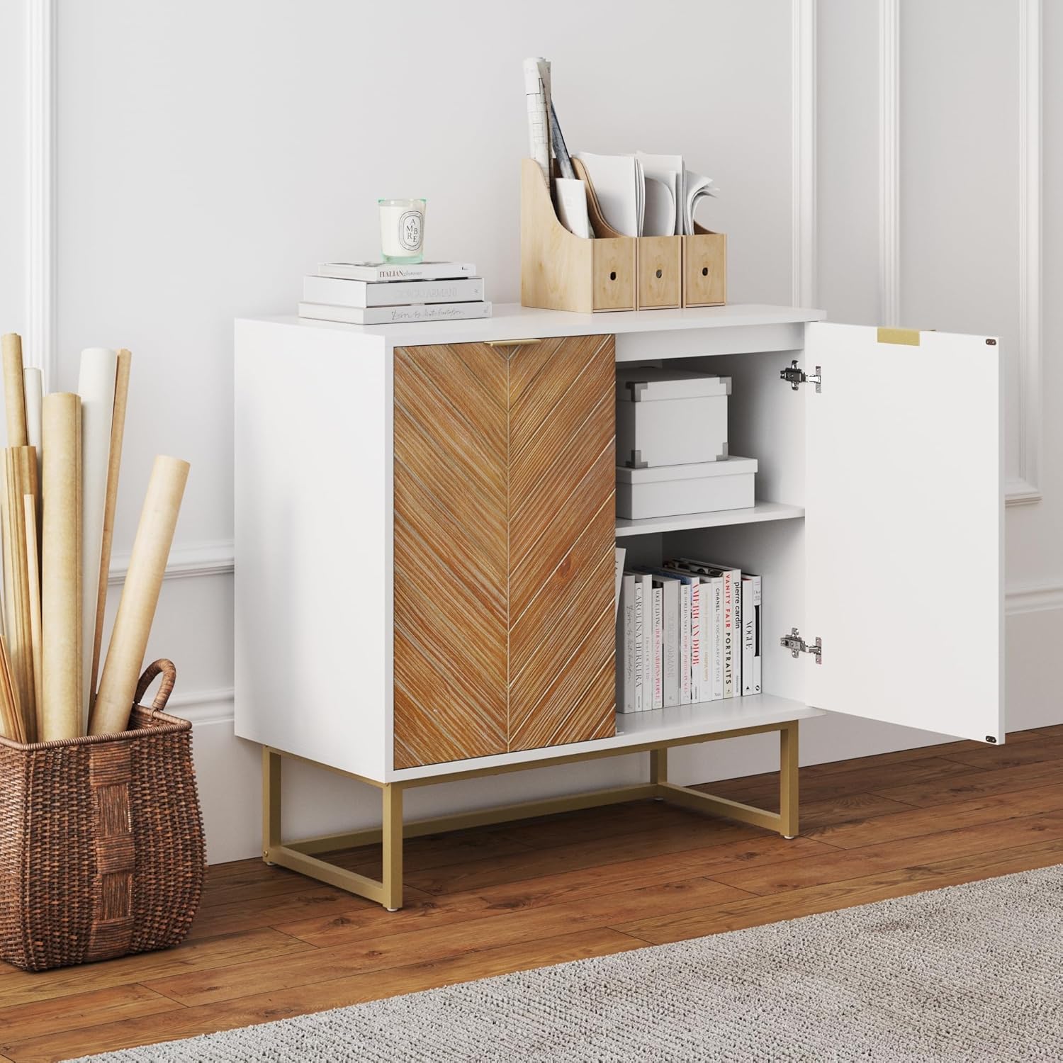 Nathan James Enloe Modern Storage Free Standing Accent Cabinet White with Doors in a Rustic Pine Wood Finish and Gold Powder-coated Metal Base for Hallway, Entryway or Living Room, Brown/White/Gold