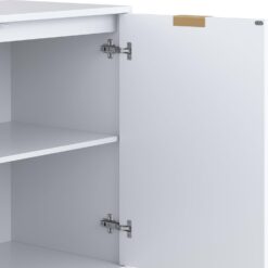 Nathan James Enloe Modern Storage Free Standing Accent Cabinet White with Doors in a Rustic Pine Wood Finish and Gold Powder-coated Metal Base for Hallway, Entryway or Living Room, Brown/White/Gold