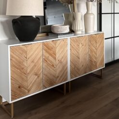 Nathan James Enloe Modern Storage Free Standing Accent Cabinet White with Doors in a Rustic Pine Wood Finish and Gold Powder-coated Metal Base for Hallway, Entryway or Living Room, Brown/White/Gold