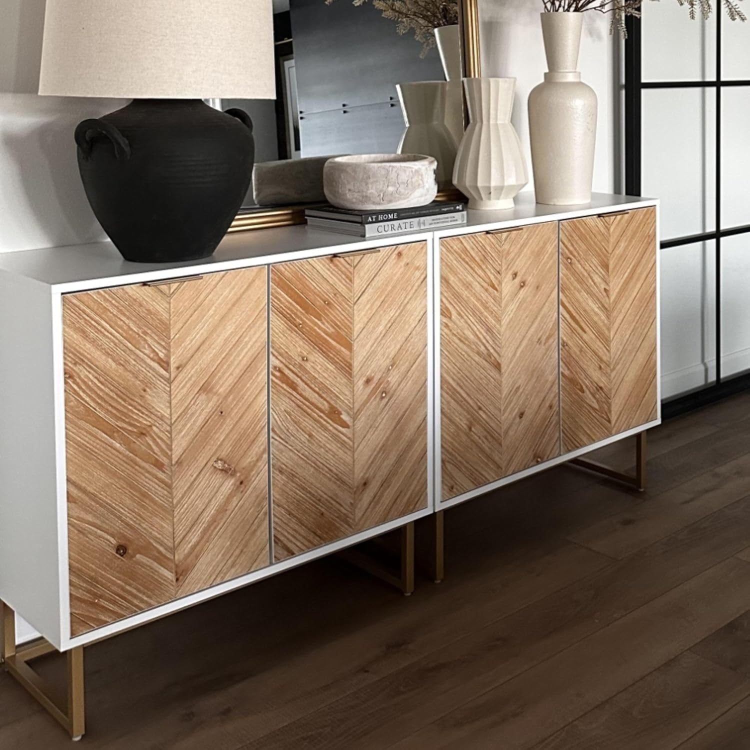 Nathan James Enloe Modern Storage Free Standing Accent Cabinet White with Doors in a Rustic Pine Wood Finish and Gold Powder-coated Metal Base for Hallway, Entryway or Living Room, Brown/White/Gold
