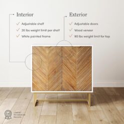 Nathan James Enloe Modern Storage Free Standing Accent Cabinet White with Doors in a Rustic Pine Wood Finish and Gold Powder-coated Metal Base for Hallway, Entryway or Living Room, Brown/White/Gold