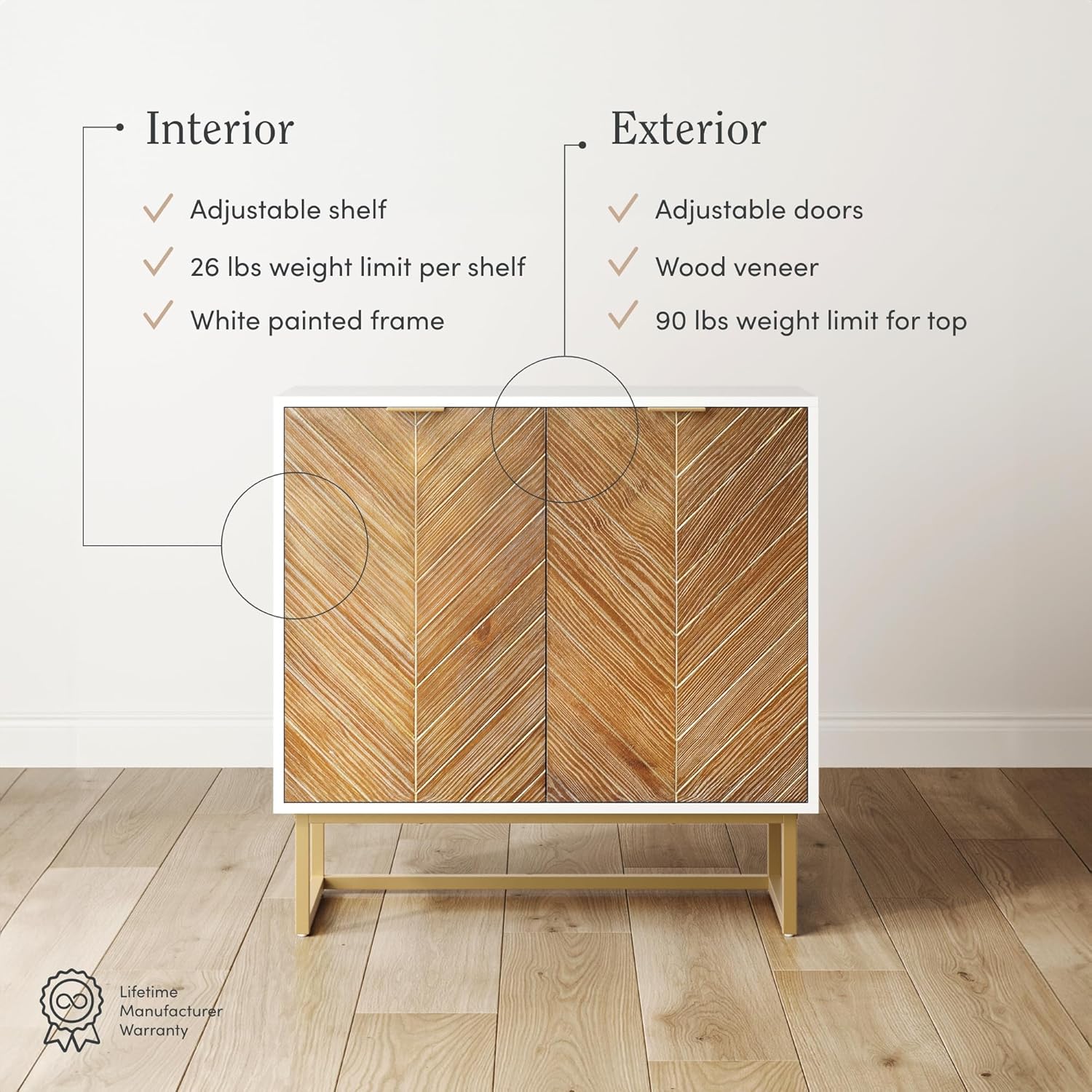 Nathan James Enloe Modern Storage Free Standing Accent Cabinet White with Doors in a Rustic Pine Wood Finish and Gold Powder-coated Metal Base for Hallway, Entryway or Living Room, Brown/White/Gold