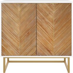 Nathan James Enloe Modern Storage Free Standing Accent Cabinet White with Doors in a Rustic Pine Wood Finish and Gold Powder-coated Metal Base for Hallway, Entryway or Living Room, Brown/White/Gold