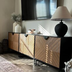 Nathan James Enloe Modern Sideboard Buffet Storage Accent Cabinet Black with Doors in a Rustic Pine Wood Finish and Matte Metal Base for Hallway, Entryway, Kitchen or Living Room, Walnut Brown/Black