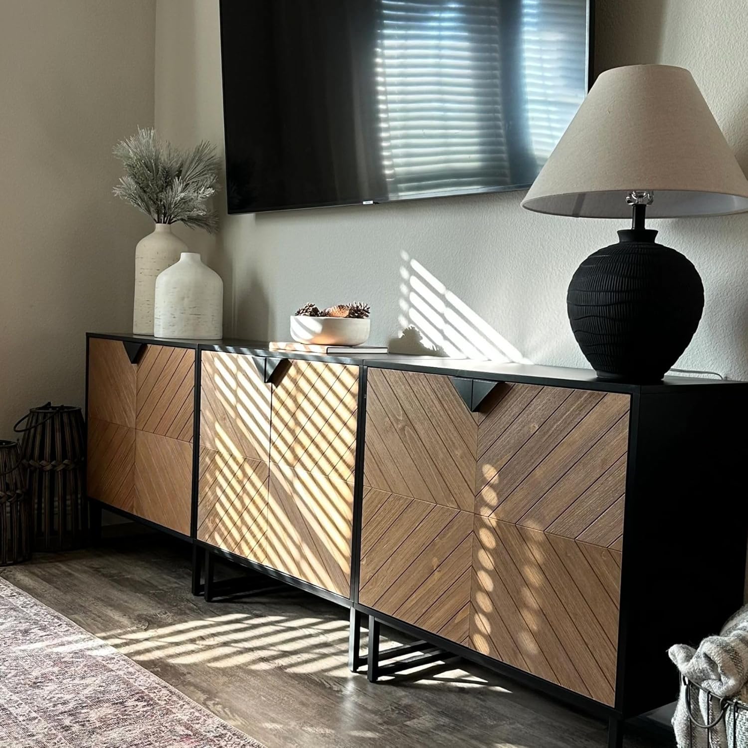 Nathan James Enloe Modern Sideboard Buffet Storage Accent Cabinet Black with Doors in a Rustic Pine Wood Finish and Matte Metal Base for Hallway, Entryway, Kitchen or Living Room, Walnut Brown/Black