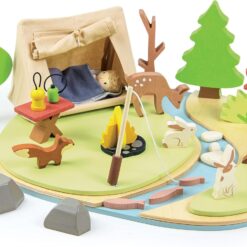 Tender Leaf Toys - Wildlife Camping Playset - Wooden Doll Sized Camping Set with Tent, Campfire, Fishing Rod & Accessories - Imaginative Play Set - Develop Storytelling & Fine Motor Skills - Age 3+