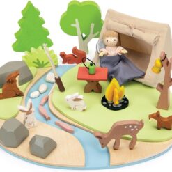 Tender Leaf Toys - Wildlife Camping Playset - Wooden Doll Sized Camping Set with Tent, Campfire, Fishing Rod & Accessories - Imaginative Play Set - Develop Storytelling & Fine Motor Skills - Age 3+