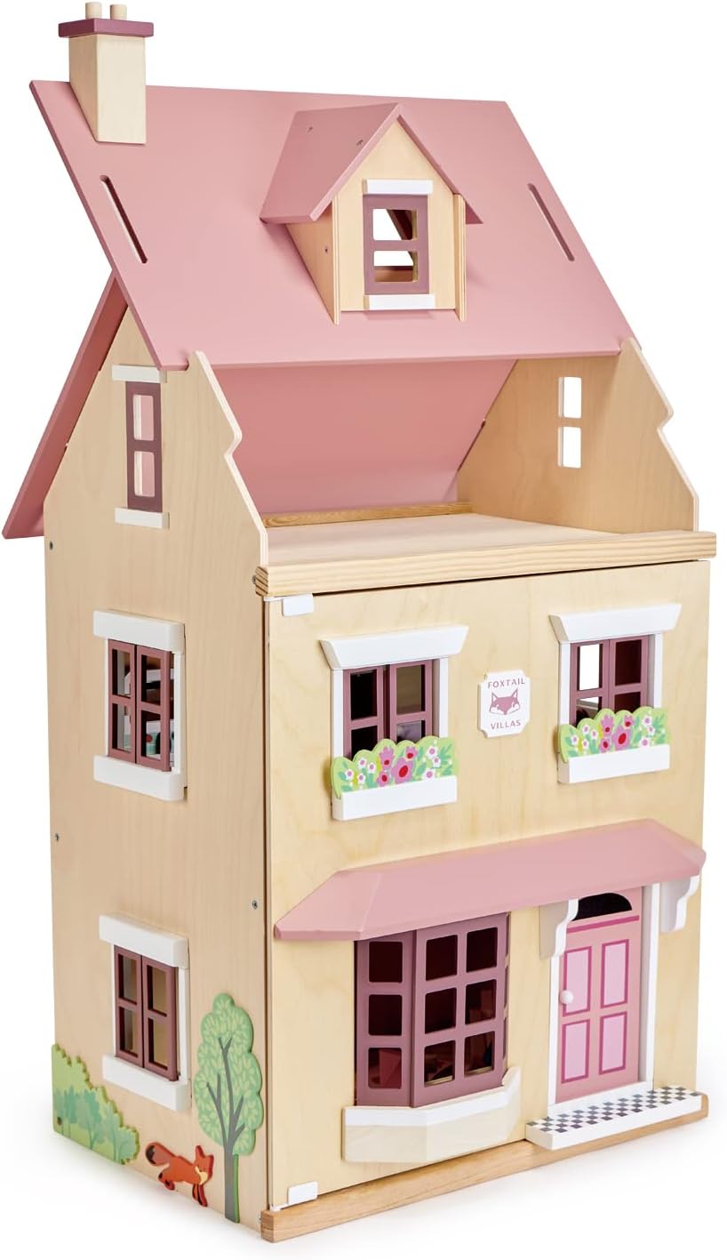 Tender Leaf Toys - Foxtail Villa - Beautiful Mid-Sized Wooden Town-Style Doll House with Starter Furniture Set - Miniature Play - Encourages Role-Play and Story Invention in Boys and Girls - Age 3+