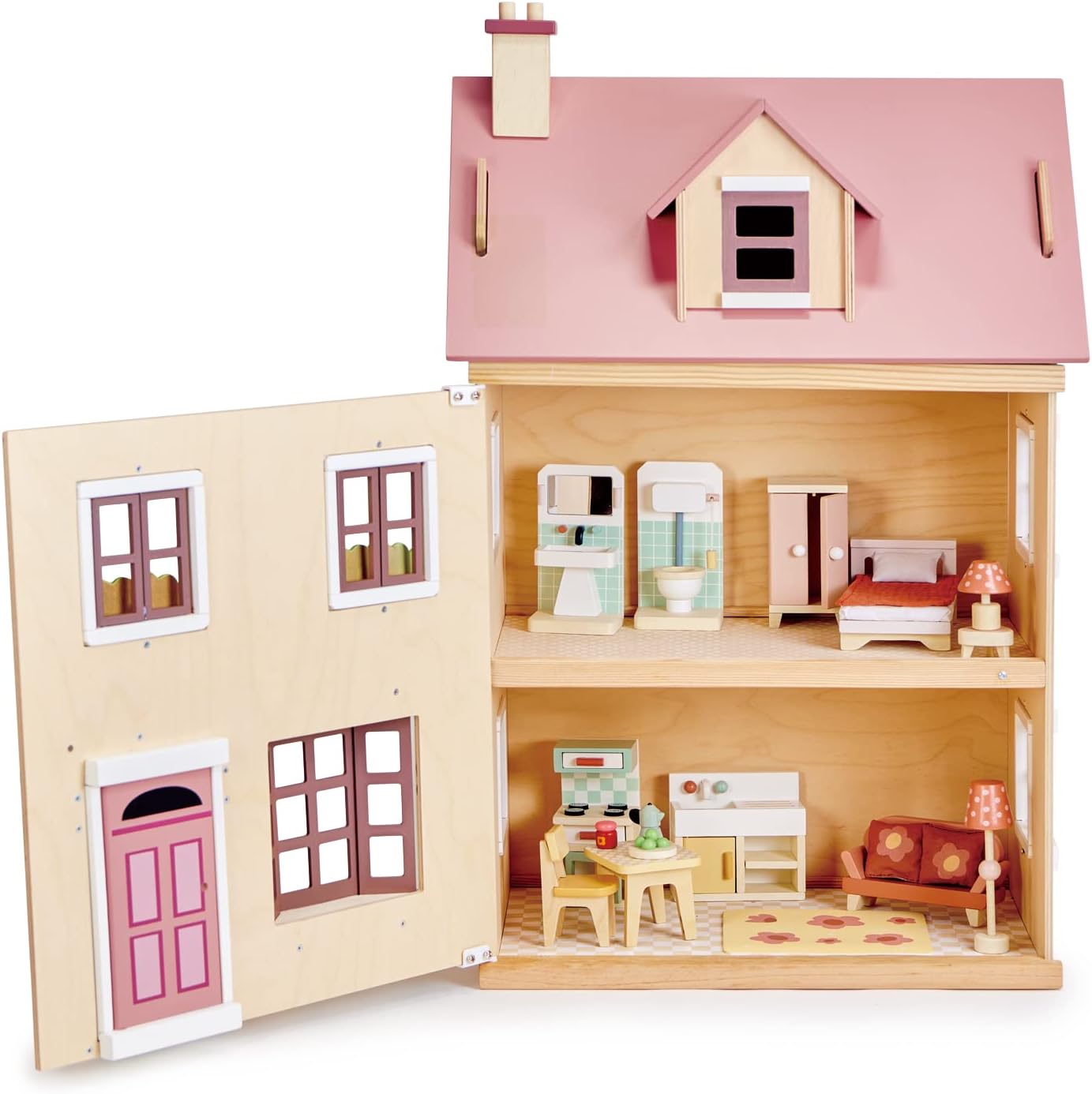 Tender Leaf Toys - Foxtail Villa - Beautiful Mid-Sized Wooden Town-Style Doll House with Starter Furniture Set - Miniature Play - Encourages Role-Play and Story Invention in Boys and Girls - Age 3+