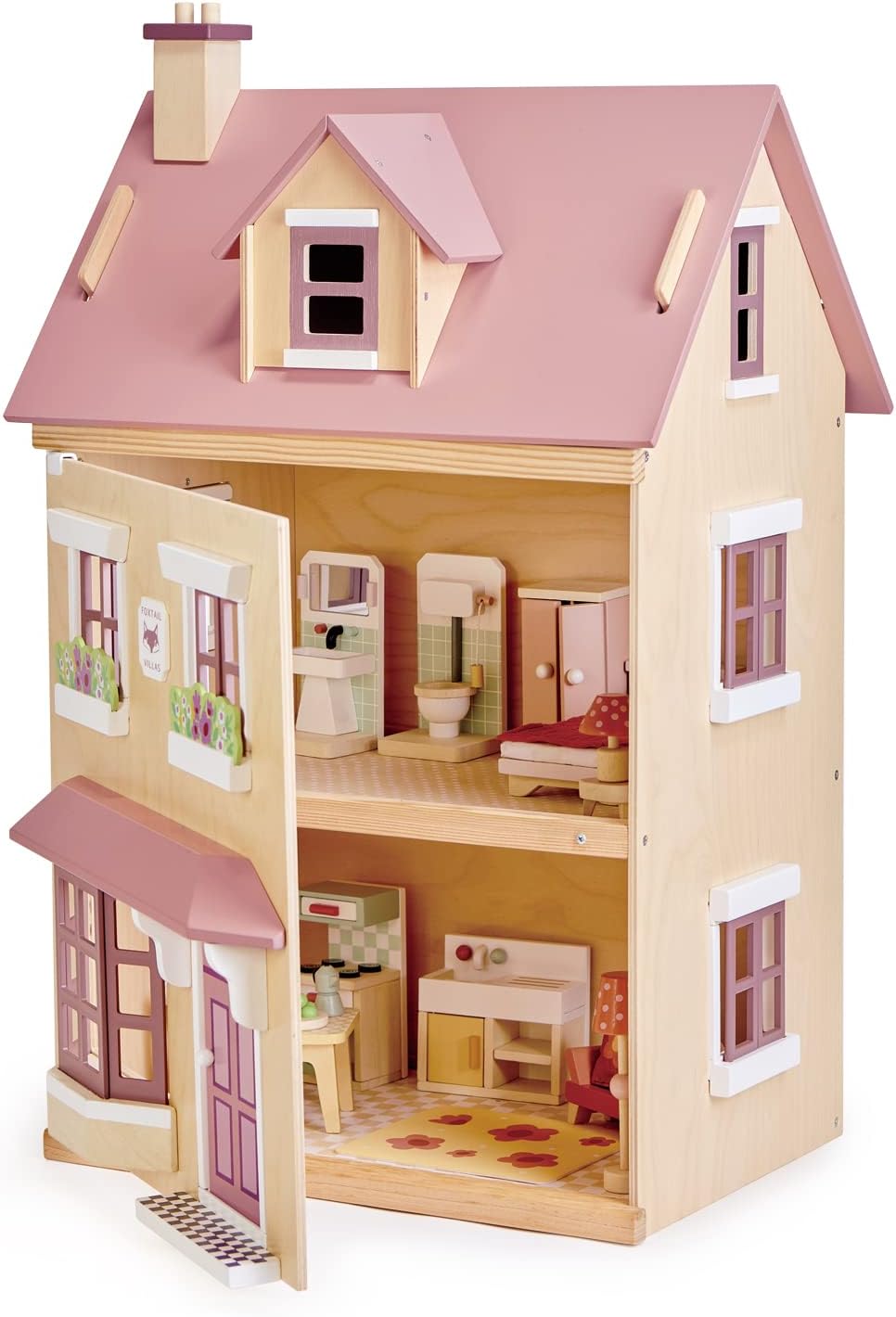 Tender Leaf Toys - Foxtail Villa - Beautiful Mid-Sized Wooden Town-Style Doll House with Starter Furniture Set - Miniature Play - Encourages Role-Play and Story Invention in Boys and Girls - Age 3+