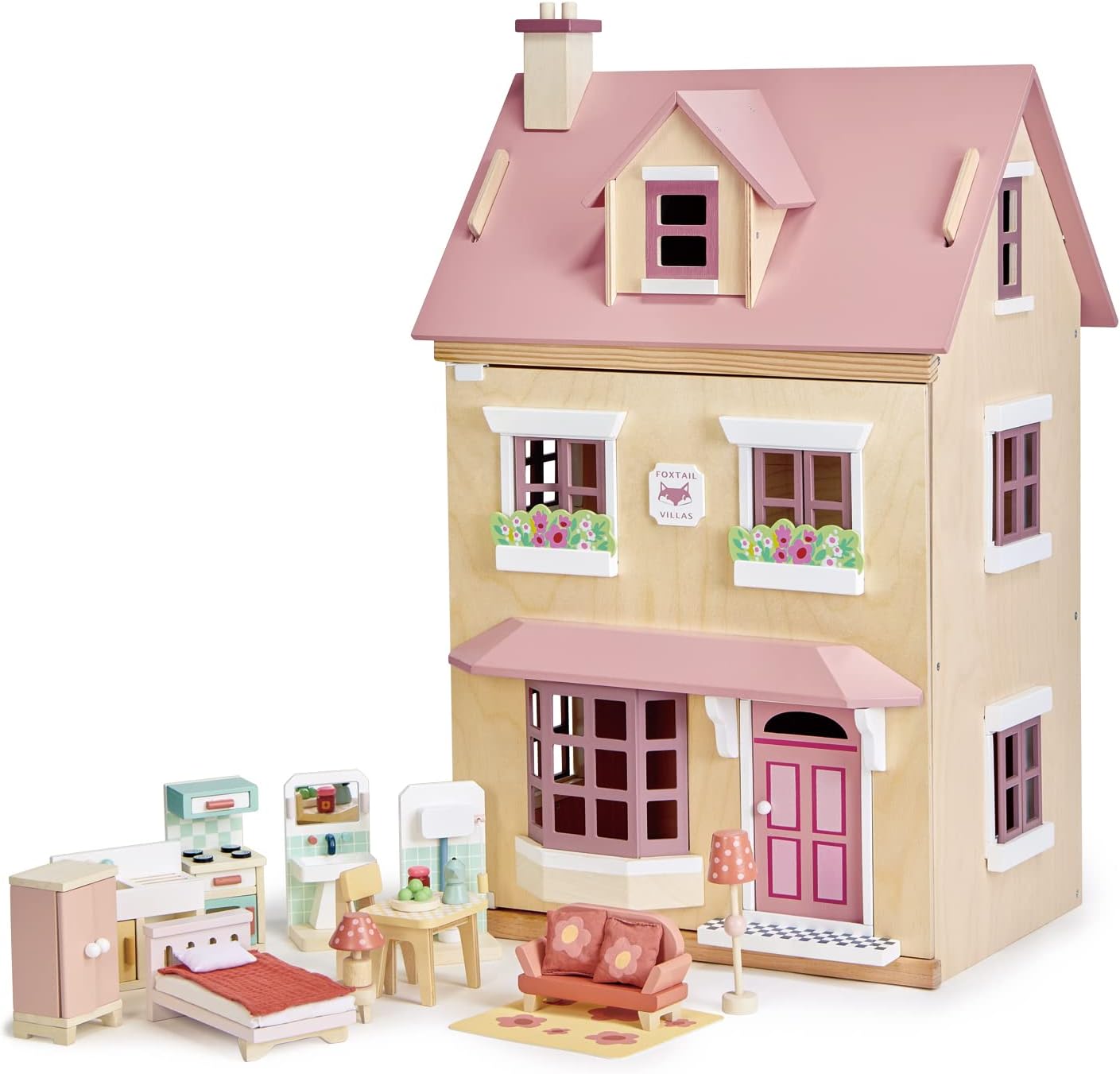 Tender Leaf Toys - Foxtail Villa - Beautiful Mid-Sized Wooden Town-Style Doll House with Starter Furniture Set - Miniature Play - Encourages Role-Play and Story Invention in Boys and Girls - Age 3+