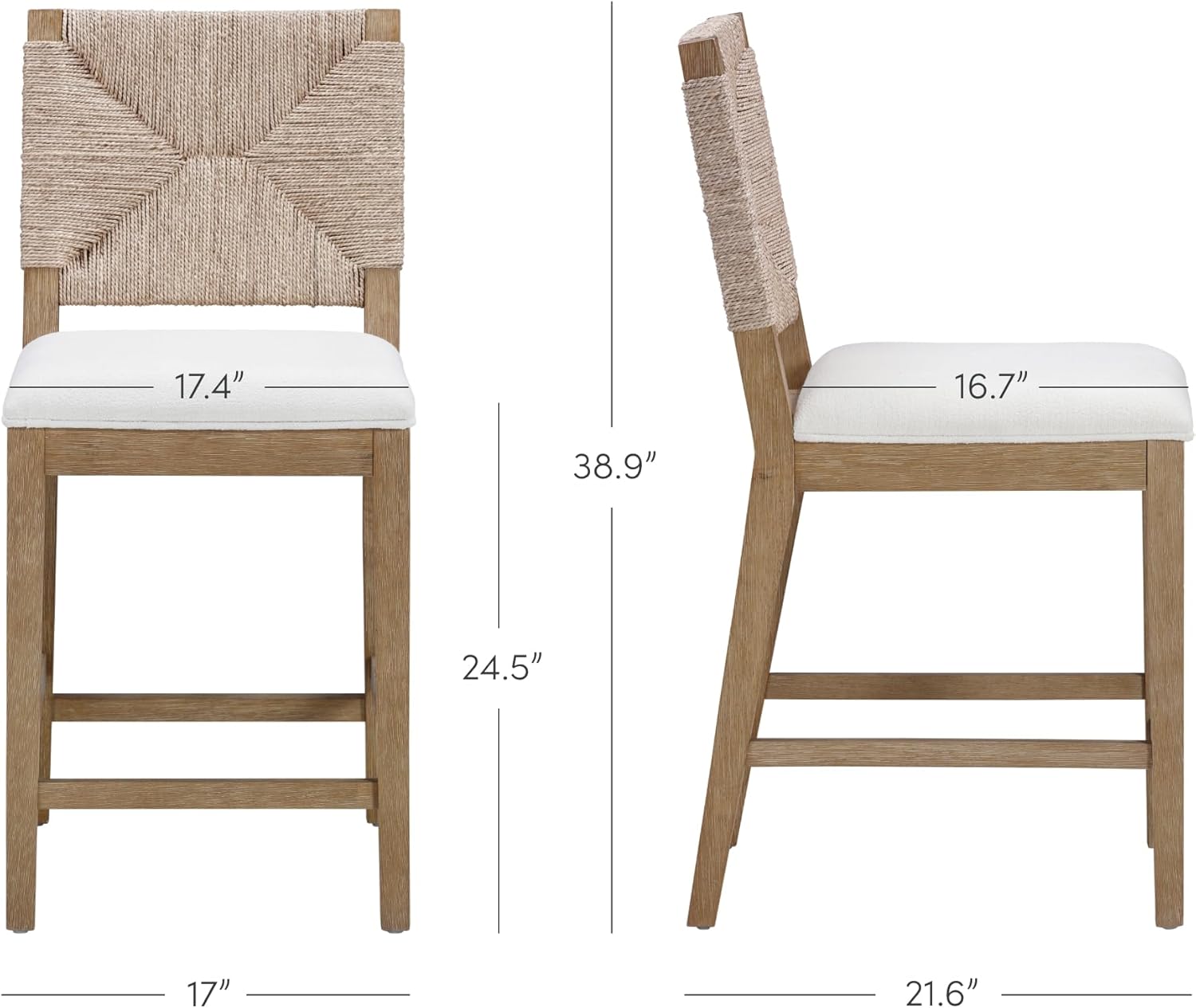 Nathan James Beacon Bohemian Boucle Bar Stool, Upholstered Counter Height Chair with Solid Wood Frame and Woven Seagrass Back for Kitchen Island, Light Brown/Seagrass/Cream Boucle