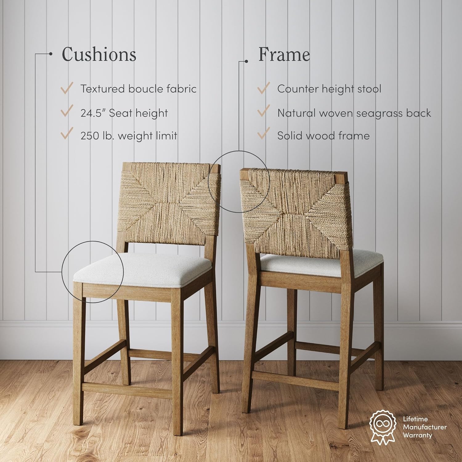 Nathan James Beacon Bohemian Boucle Bar Stool, Upholstered Counter Height Chair with Solid Wood Frame and Woven Seagrass Back for Kitchen Island, Light Brown/Seagrass/Cream Boucle