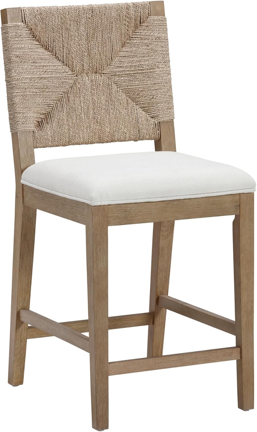Nathan James Beacon Bohemian Boucle Bar Stool, Upholstered Counter Height Chair with Solid Wood Frame and Woven Seagrass Back for Kitchen Island, Light Brown/Seagrass/Cream Boucle