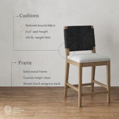 Nathan James Beacon Bohemian Boucle Bar Stool, Upholstered Bar Stool or Island Chairs for Kitchen, Seagrass Counter Height Stool with Back and Solid Wood Legs, Cream Boucle/Gray