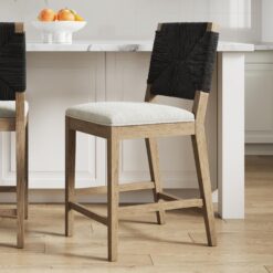 Nathan James Beacon Bohemian Boucle Bar Stool, Upholstered Bar Stool or Island Chairs for Kitchen, Seagrass Counter Height Stool with Back and Solid Wood Legs, Cream Boucle/Gray