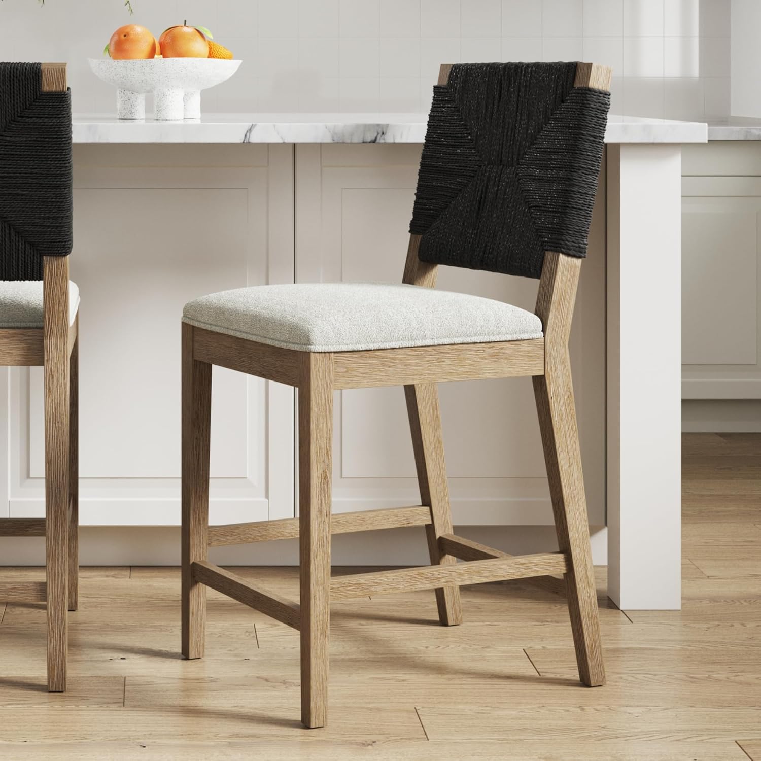 Nathan James Beacon Bohemian Boucle Bar Stool, Upholstered Bar Stool or Island Chairs for Kitchen, Seagrass Counter Height Stool with Back and Solid Wood Legs, Cream Boucle/Gray