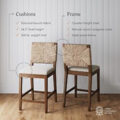 Nathan James Beacon Bohemian Boucle Bar Stool, Upholstered Bar Stool or Island Chairs for Kitchen, Seagrass Counter Height Stool with Back and Solid Wood Legs, Cream Boucle/Dark Brown