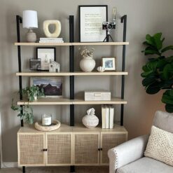Nathan James Theo Ladder 3 tier Open Bookshelf with Rattan Drawers and Matte Steel Frame, Light Oak/Black