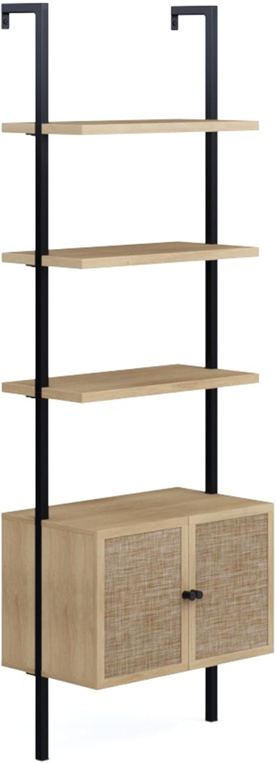 Nathan James Theo Ladder 3 tier Open Bookshelf with Rattan Drawers and Matte Steel Frame, Light Oak/Black