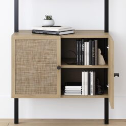 Nathan James Theo Ladder 3 tier Open Bookshelf with Rattan Drawers and Matte Steel Frame, Light Oak/Black