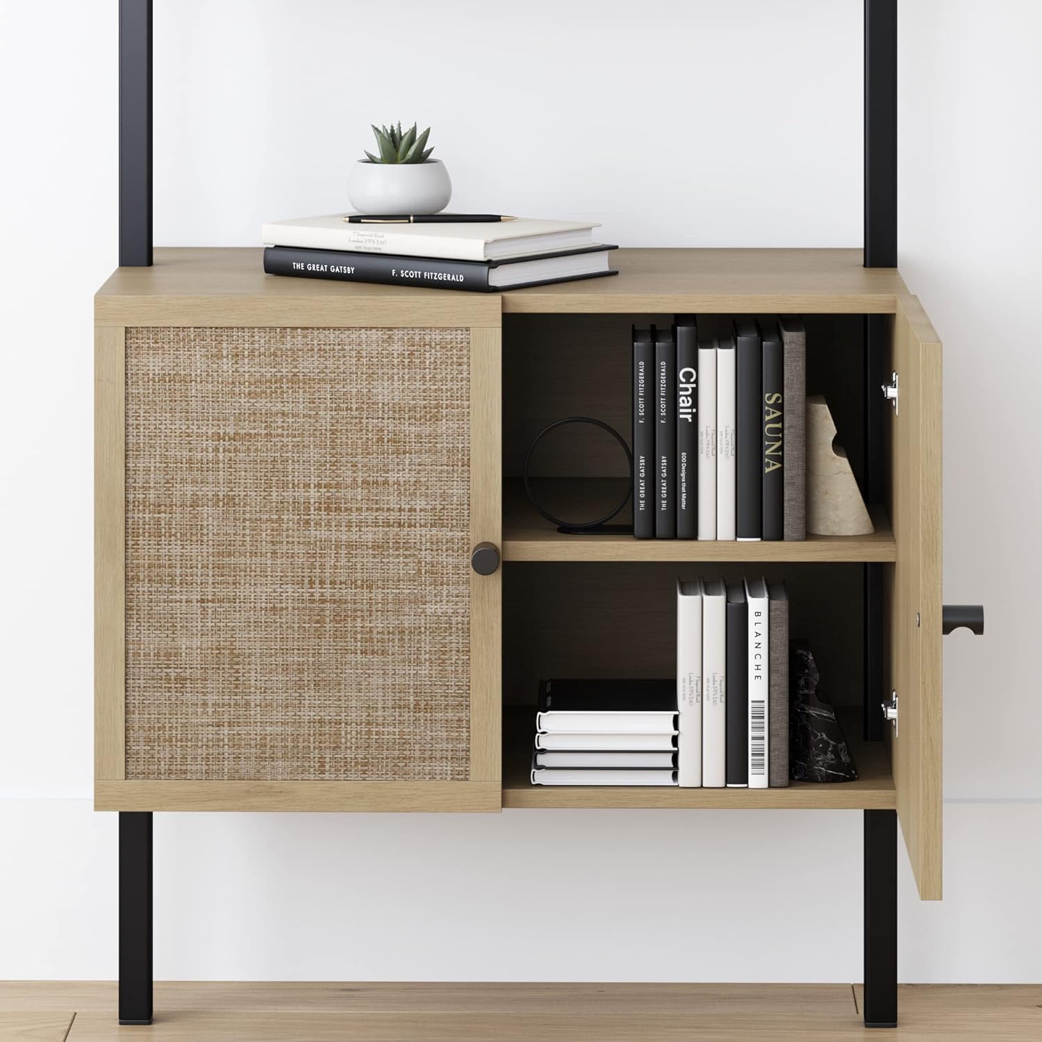 Nathan James Theo Ladder 3 tier Open Bookshelf with Rattan Drawers and Matte Steel Frame, Light Oak/Black