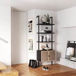 Nathan James Theo Modern Bookcase with Rattan Cabinet in Matte Black and Light Oak Finish with Matte Black Metal Frame for Living Room, Home Office Storage