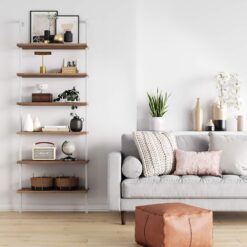 Nathan James Theo 6-Shelf Tall Bookcase, Wall Mount Bookshelf with Natural Wood Finish and Industrial Metal Frame, Rustic Oak/White