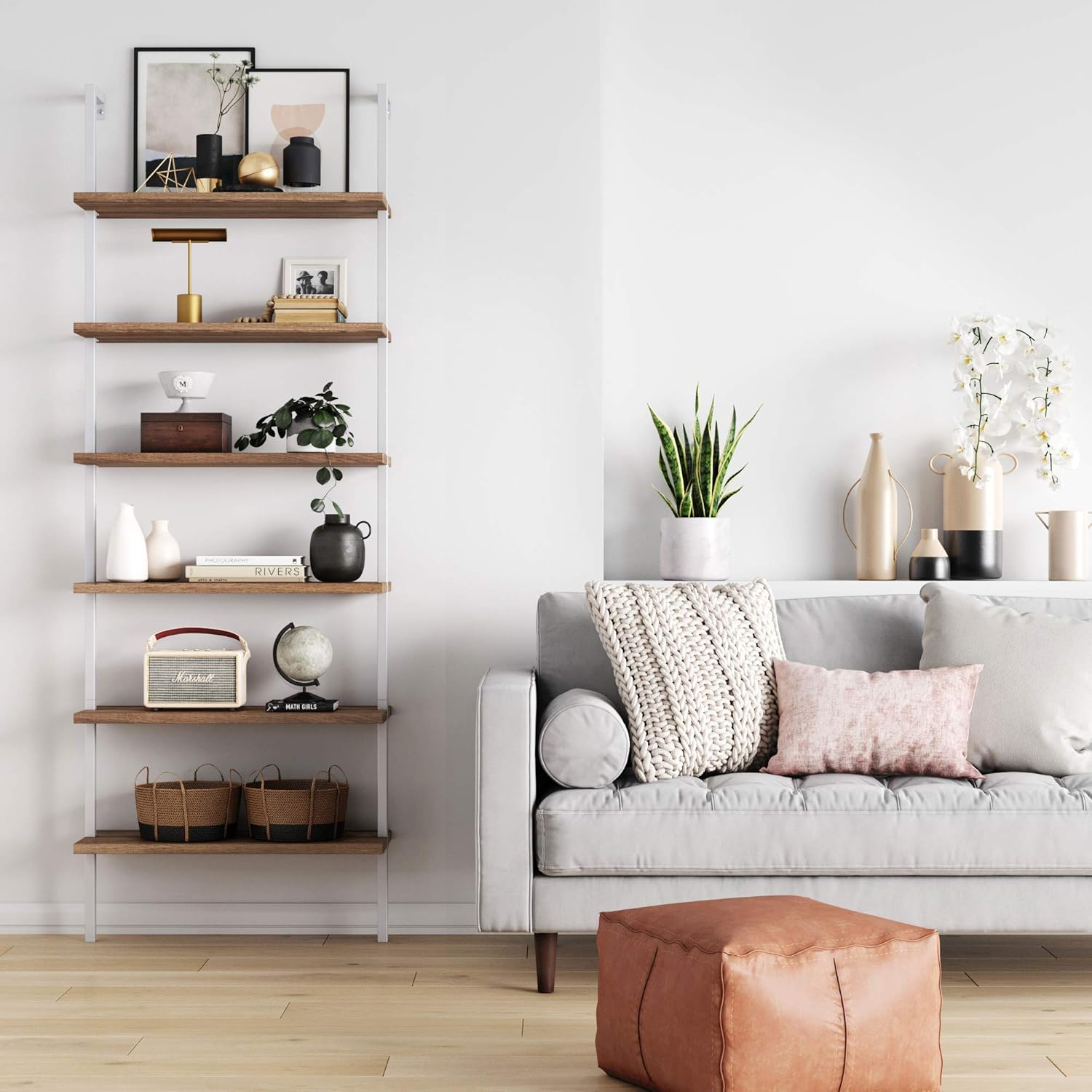 Nathan James Theo 6-Shelf Tall Bookcase, Wall Mount Bookshelf with Natural Wood Finish and Industrial Metal Frame, Rustic Oak/White