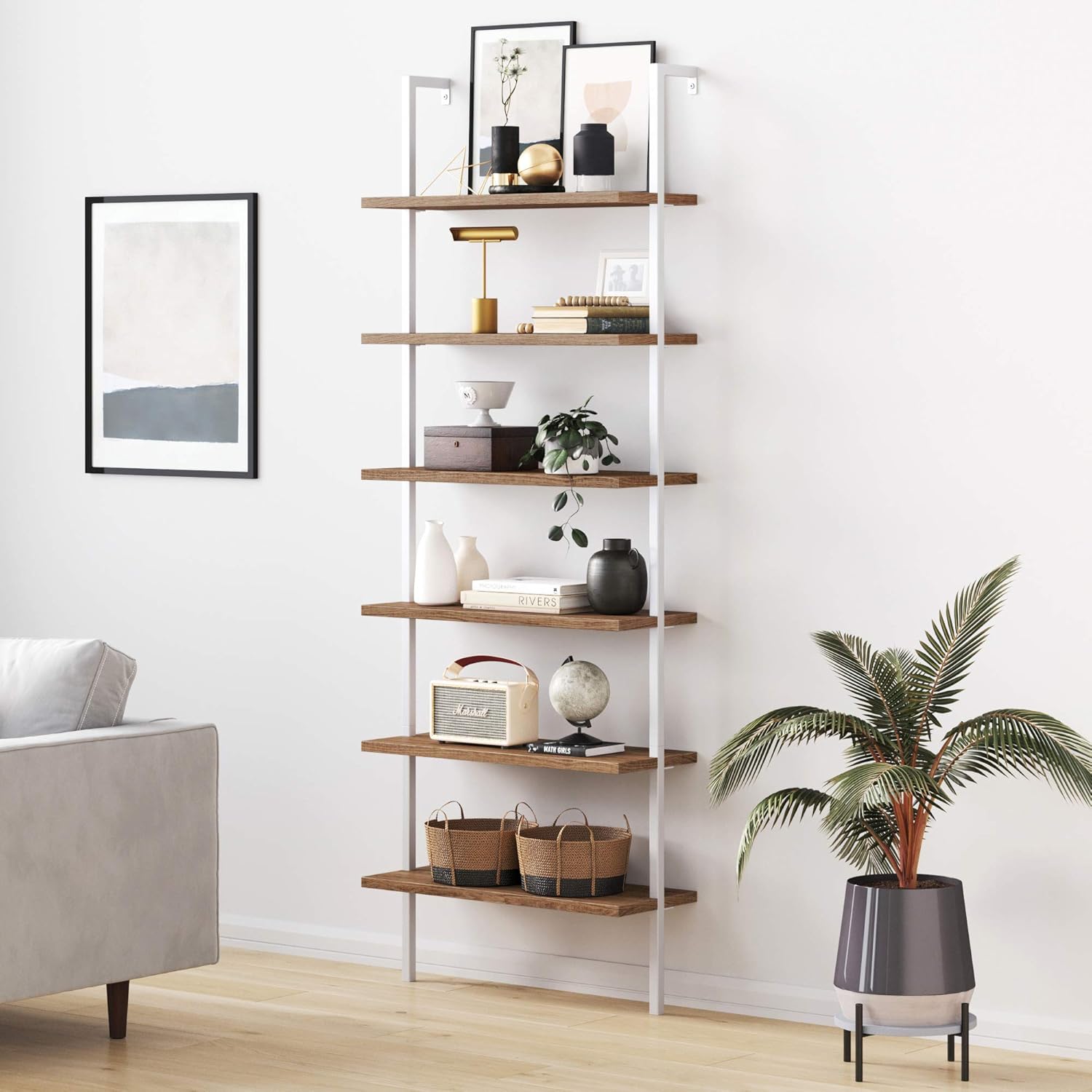 Nathan James Theo 6-Shelf Tall Bookcase, Wall Mount Bookshelf with Natural Wood Finish and Industrial Metal Frame, Rustic Oak/White