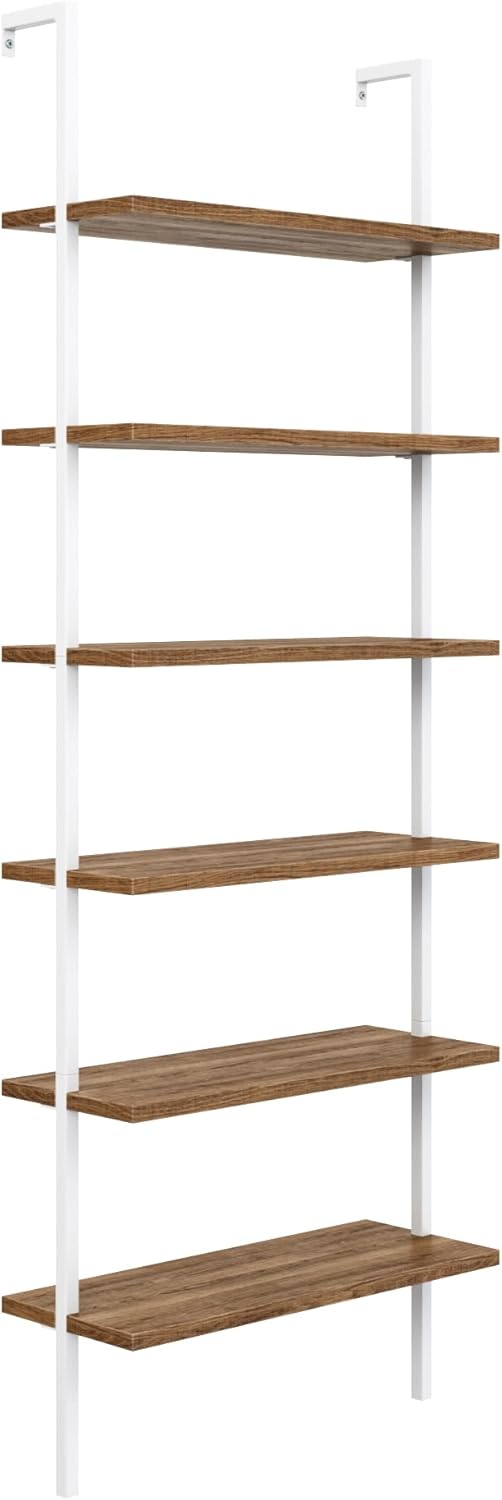Nathan James Theo 6-Shelf Tall Bookcase, Wall Mount Bookshelf with Natural Wood Finish and Industrial Metal Frame, Rustic Oak/White