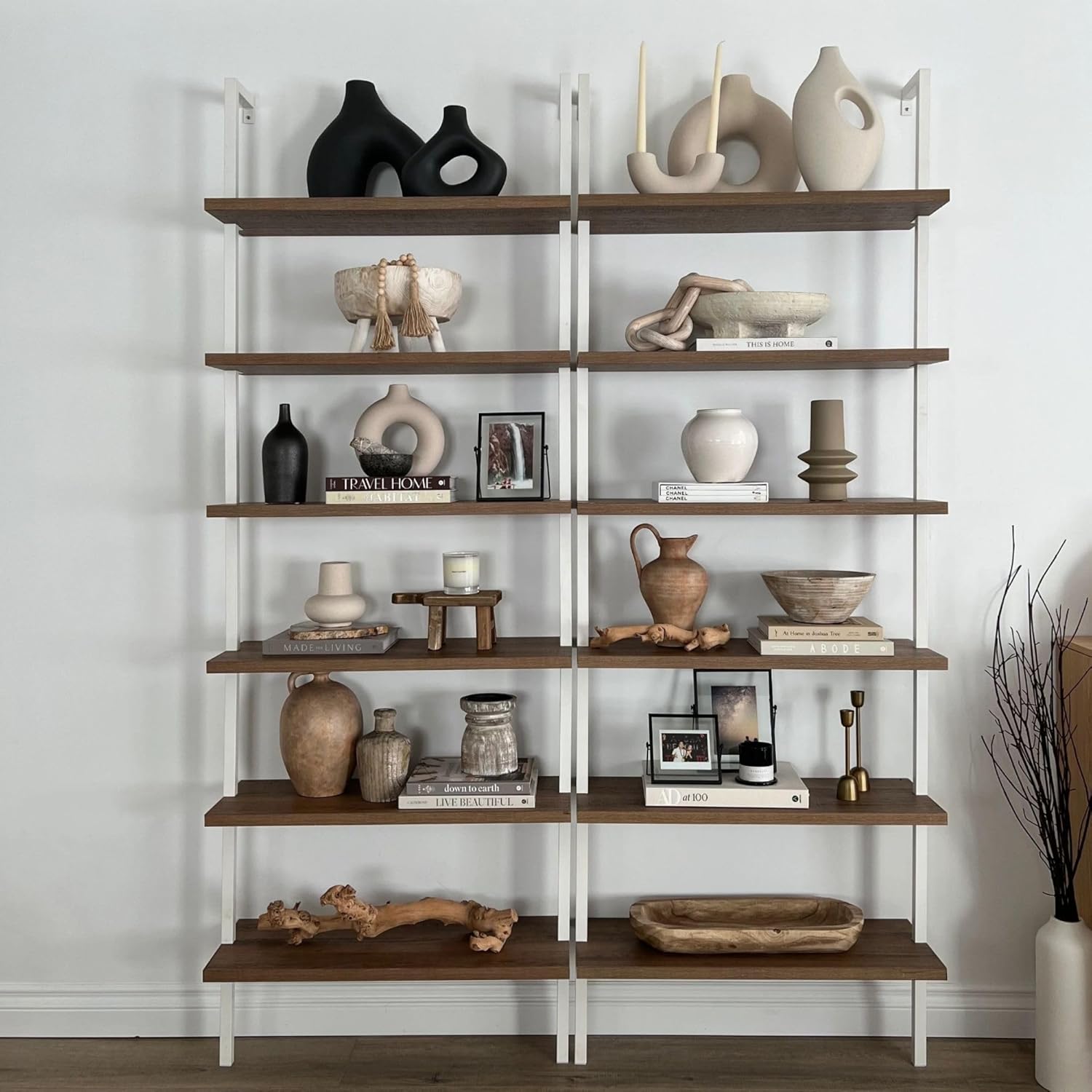 Nathan James Theo 6-Shelf Tall Bookcase, Wall Mount Bookshelf with Natural Wood Finish and Industrial Metal Frame, Rustic Oak/White