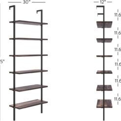 Nathan James Theo 6-Shelf Tall Bookcase, Wall Mount Bookshelf with Natural Wood Finish and Industrial Metal Frame, Nutmeg/Matte Black