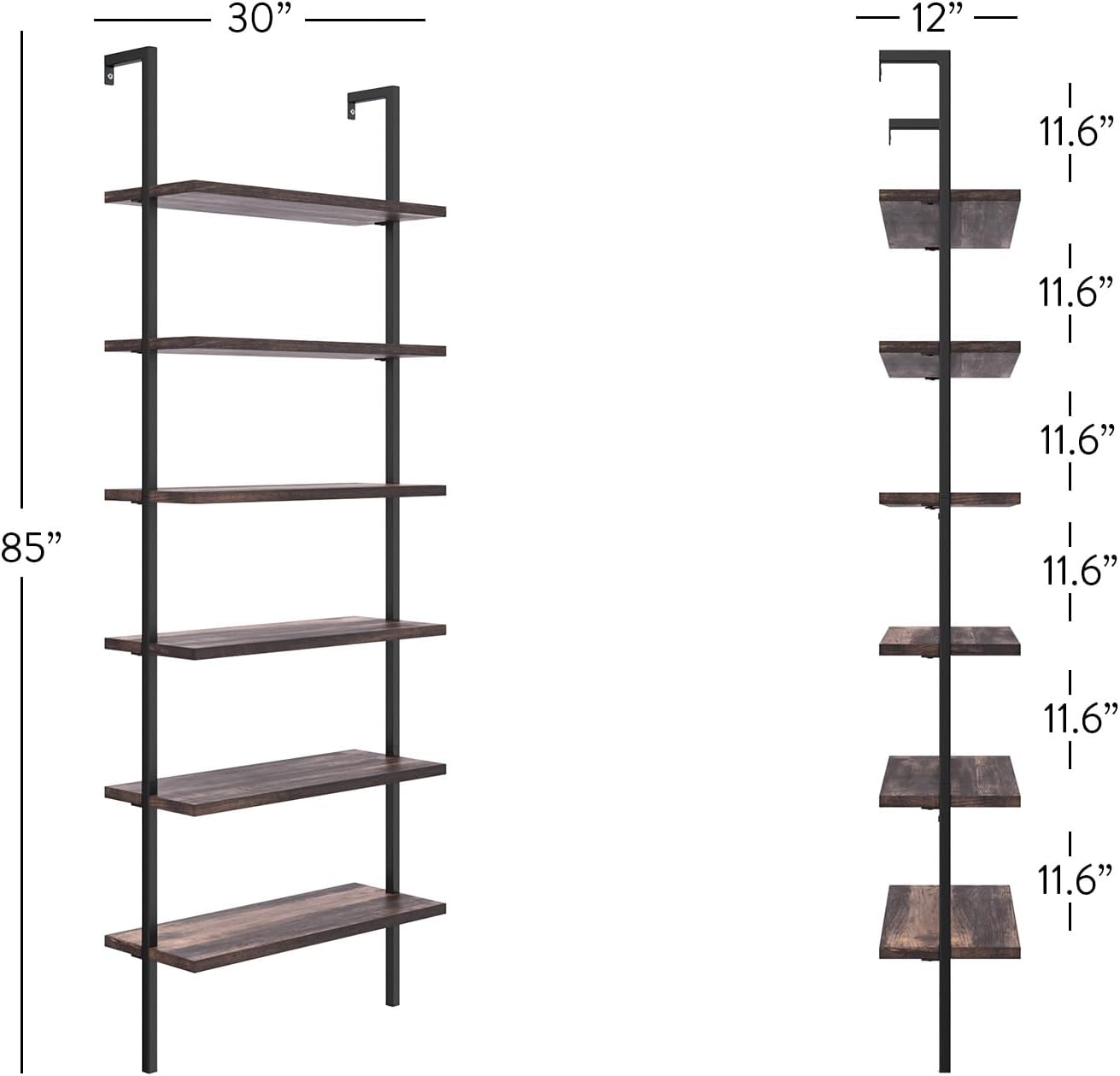 Nathan James Theo 6-Shelf Tall Bookcase, Wall Mount Bookshelf with Natural Wood Finish and Industrial Metal Frame, Nutmeg/Matte Black