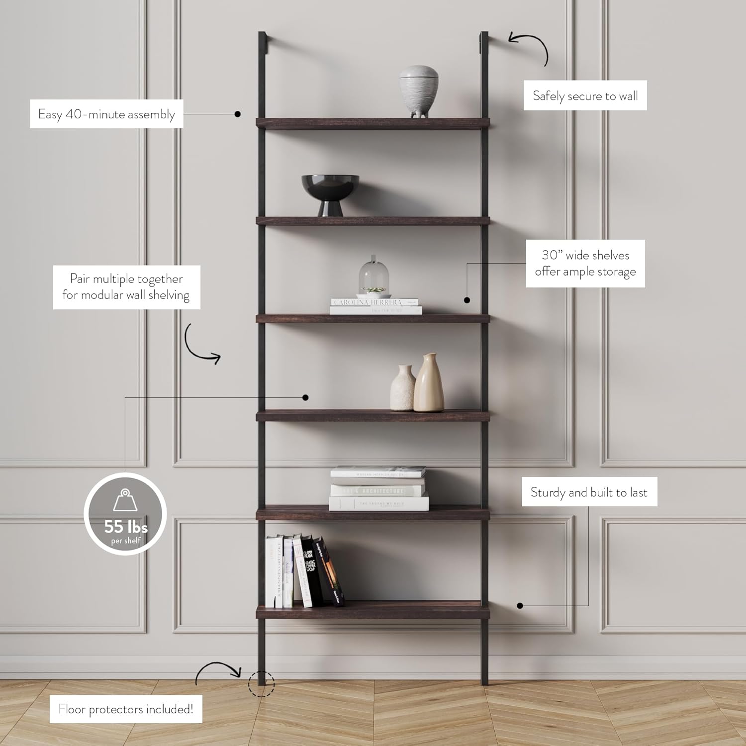 Nathan James Theo 6-Shelf Tall Bookcase, Wall Mount Bookshelf with Natural Wood Finish and Industrial Metal Frame, Nutmeg/Matte Black