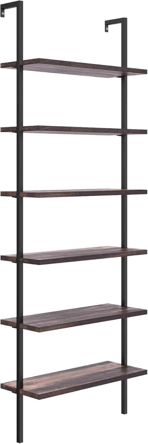 Nathan James Theo 6-Shelf Tall Bookcase, Wall Mount Bookshelf with Natural Wood Finish and Industrial Metal Frame, Nutmeg/Matte Black