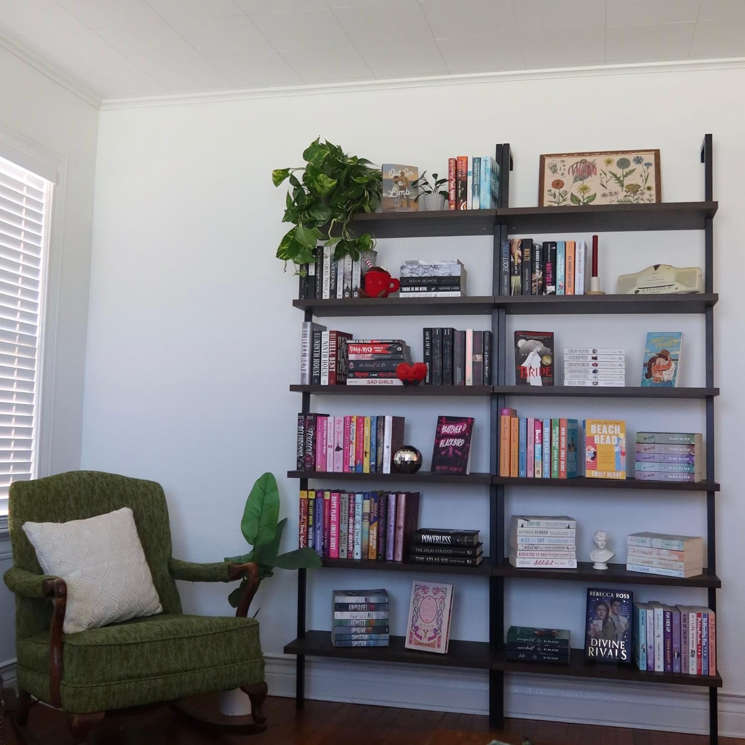 Nathan James Theo 6-Shelf Tall Bookcase, Wall Mount Bookshelf with Natural Wood Finish and Industrial Metal Frame, Nutmeg/Matte Black
