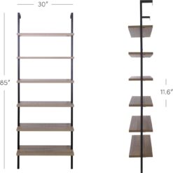 Nathan James Theo 6-Shelf Tall Bookcase, Wall Mount Bookshelf with Reclaimed Wood and Industrial Metal Frame, Oak/Black