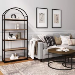 Nathan James Haven Etagere Bookshelf, 5-Shelf Bookcase in Oak Wood and Black Metal Frame with Arch Top and Open Shelves, Oak/Black