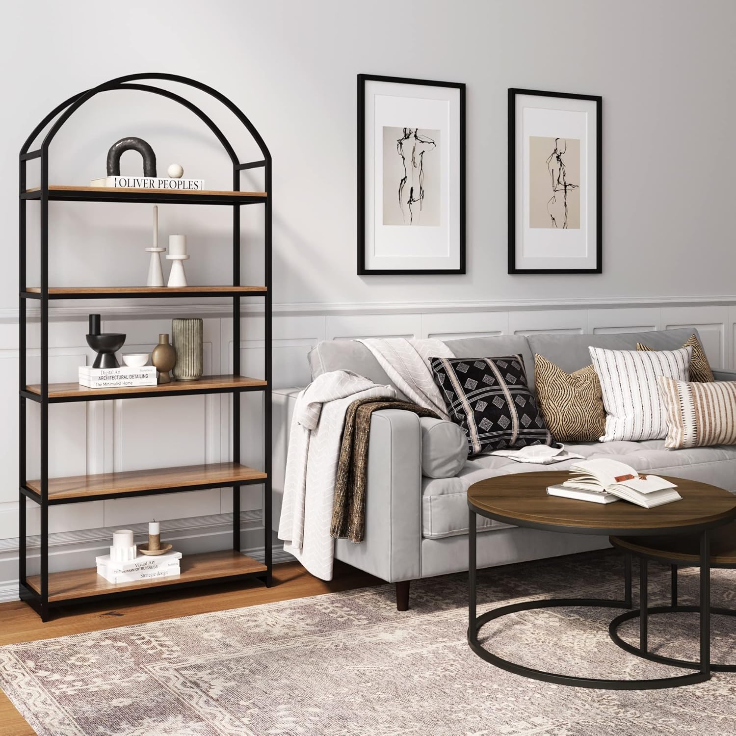 Nathan James Haven Etagere Bookshelf, 5-Shelf Bookcase in Oak Wood and Black Metal Frame with Arch Top and Open Shelves, Oak/Black