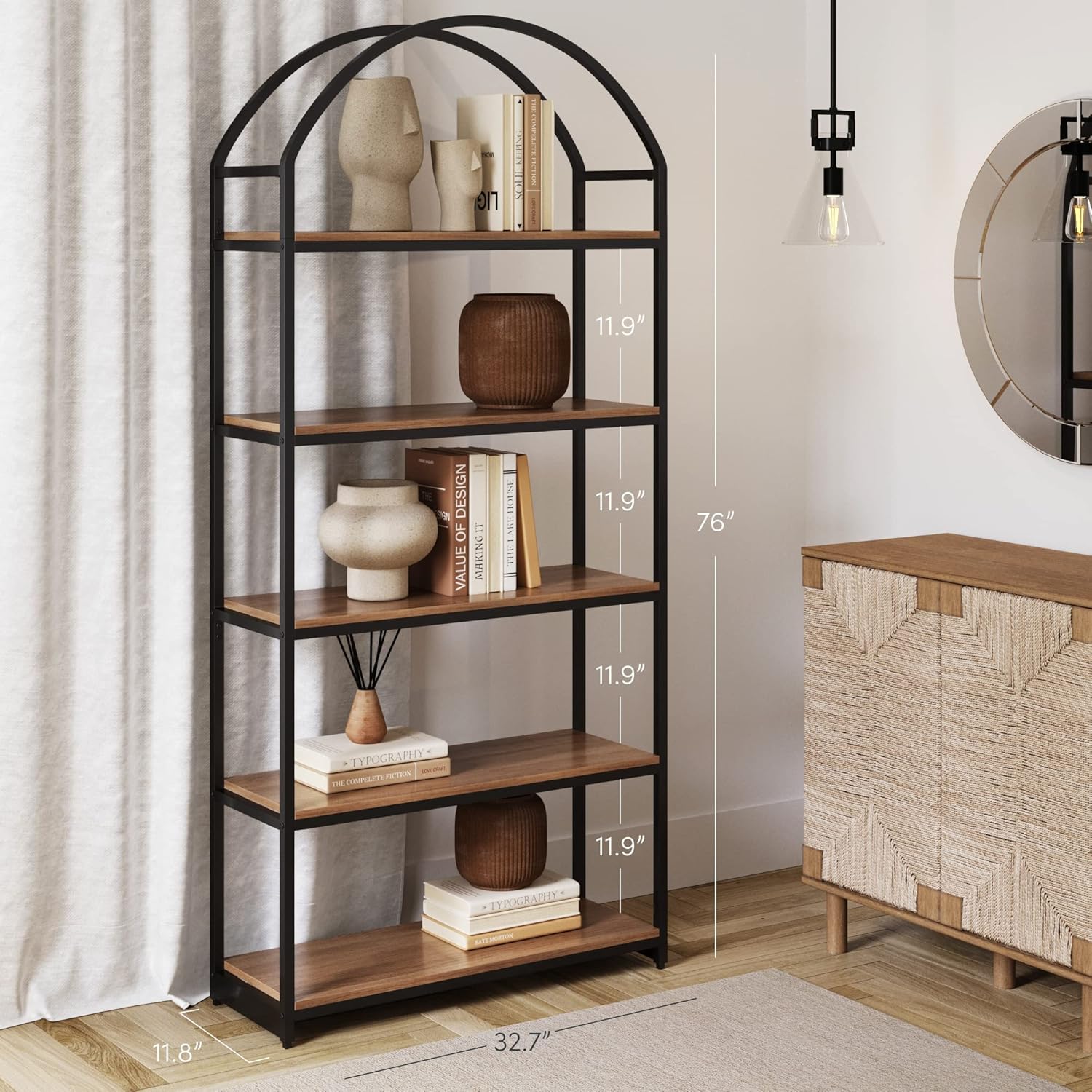 Nathan James Haven Etagere Bookshelf, 5-Shelf Bookcase in Oak Wood and Black Metal Frame with Arch Top and Open Shelves, Oak/Black