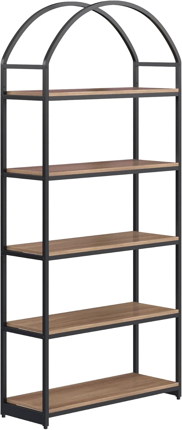 Nathan James Haven Etagere Bookshelf, 5-Shelf Bookcase in Oak Wood and Black Metal Frame with Arch Top and Open Shelves, Oak/Black