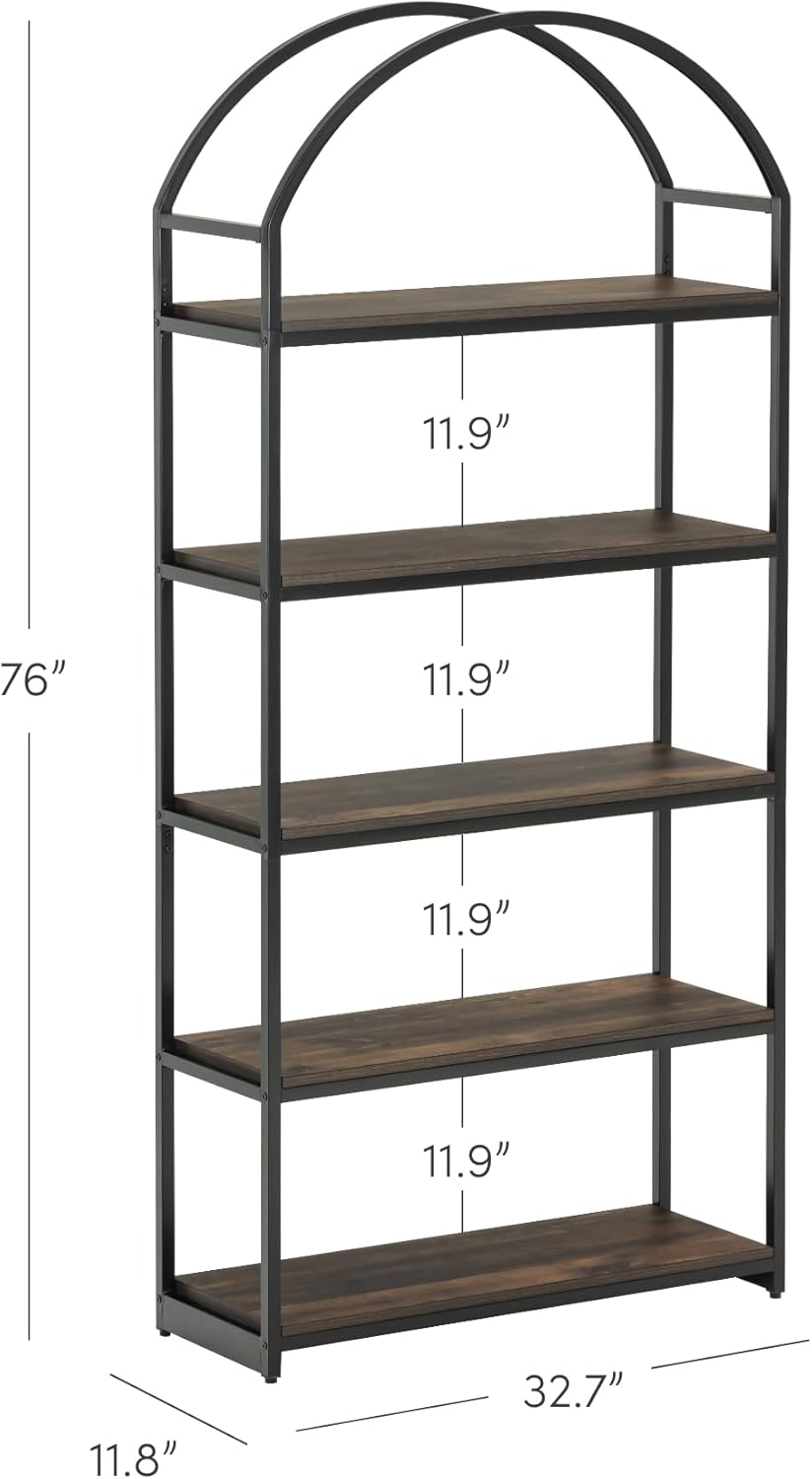 Nathan James Haven Etagere Bookshelf, 5-Shelf Bookcase in Nutmeg Wood and Black Metal Frame with Arch Top and Open Shelves, Nutmeg/Black