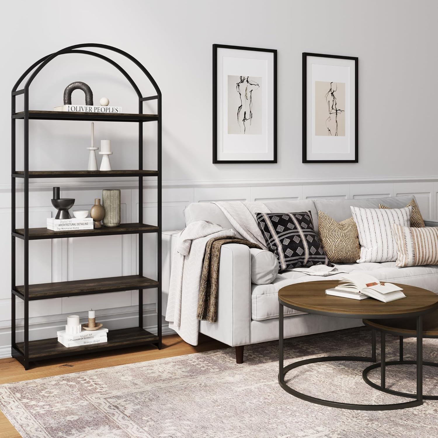 Nathan James Haven Etagere Bookshelf, 5-Shelf Bookcase in Nutmeg Wood and Black Metal Frame with Arch Top and Open Shelves, Nutmeg/Black