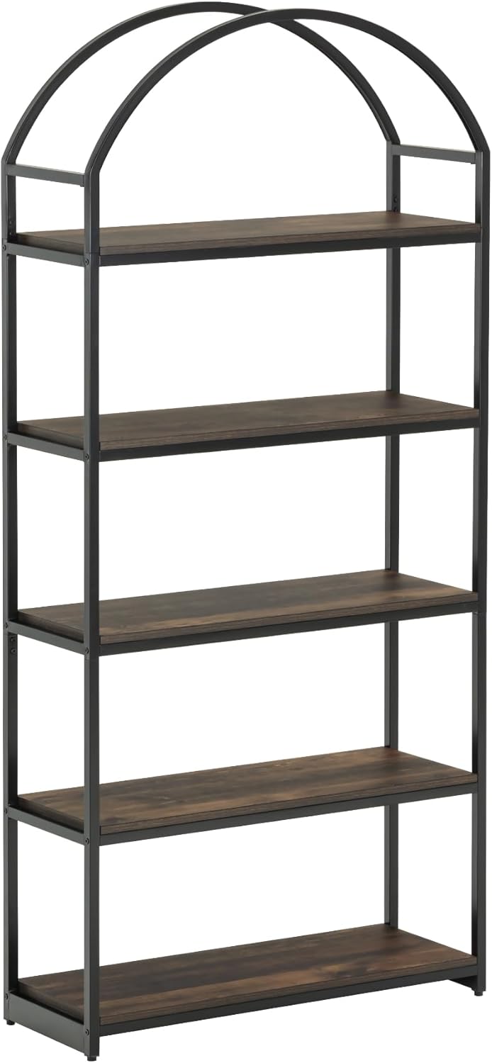 Nathan James Haven Etagere Bookshelf, 5-Shelf Bookcase in Nutmeg Wood and Black Metal Frame with Arch Top and Open Shelves, Nutmeg/Black