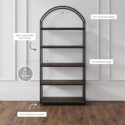 Nathan James Haven Etagere Bookshelf, 5-Shelf Bookcase in Nutmeg Wood and Black Metal Frame with Arch Top and Open Shelves, Nutmeg/Black